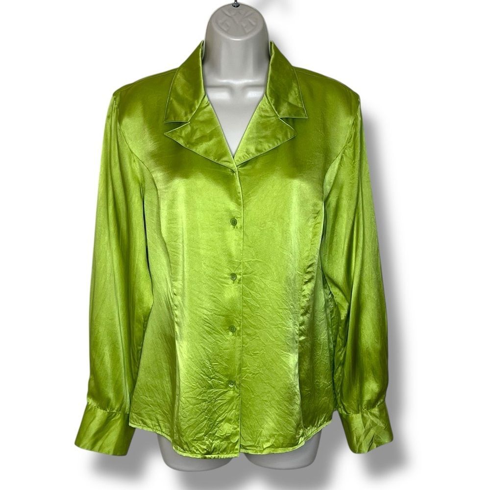 Vintage Austin Reed Silk Chartreuse Green Blouse Long Sleeve Button Up Women 12